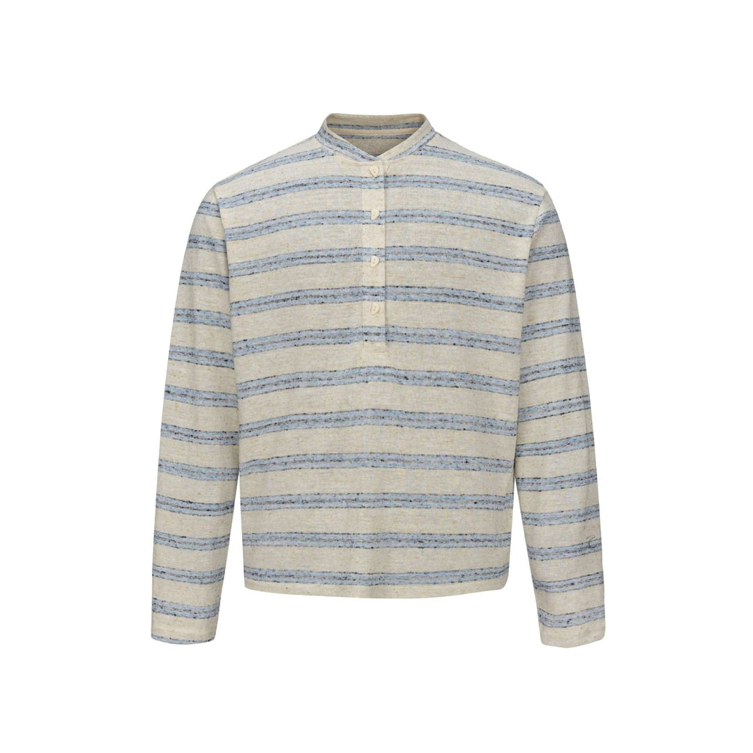 Men Striped Fine Knit Henley with Stand-Up Collar and Full Button Placket Mune Fashion