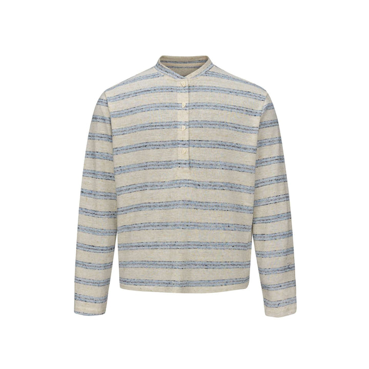 Men Striped Fine Knit Henley with Stand-Up Collar and Full Button Placket Mune Fashion