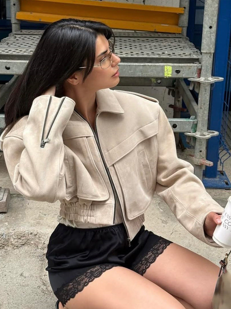Women short blazer made of suede leather look with oversized shoulder and concealed zipper Mune Fashion