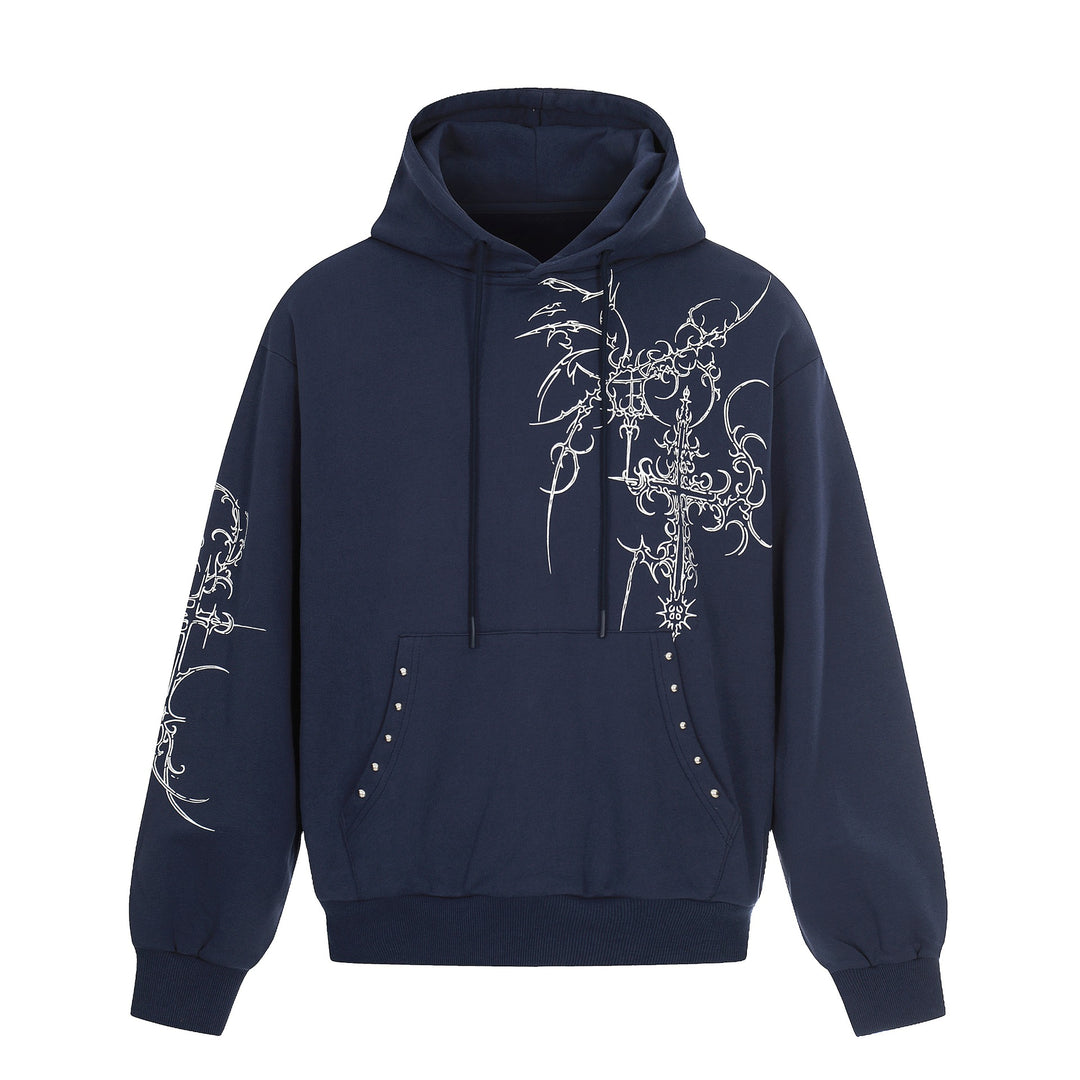 Men's Oversized Hoodie with Ornamental Cross Print and Studs Mune Fashion