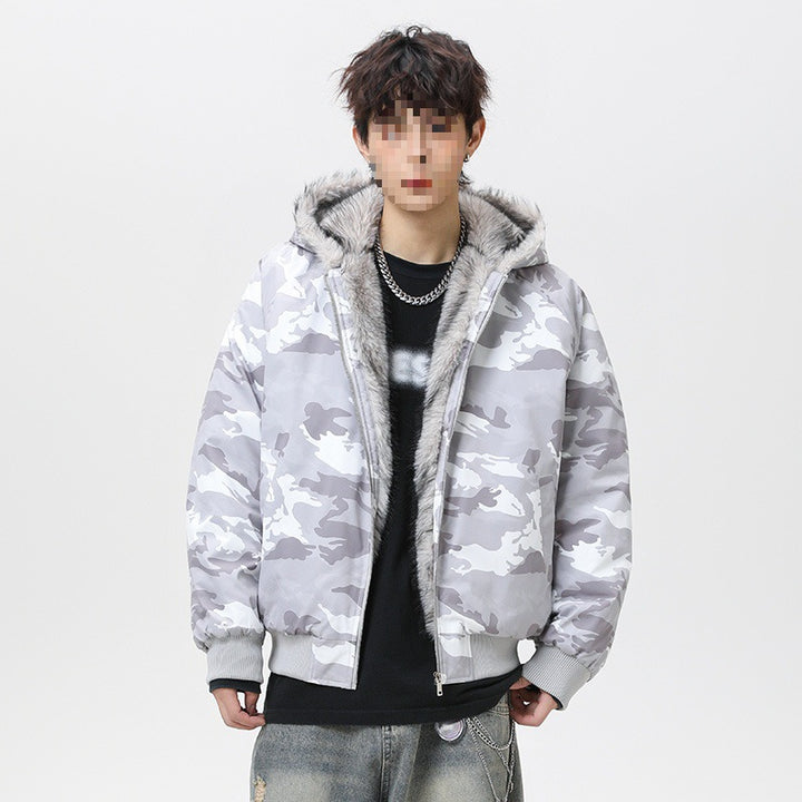 Men's quilted hooded bomber jacket in oversized look with contrasting faux fur lining Mune Fashion