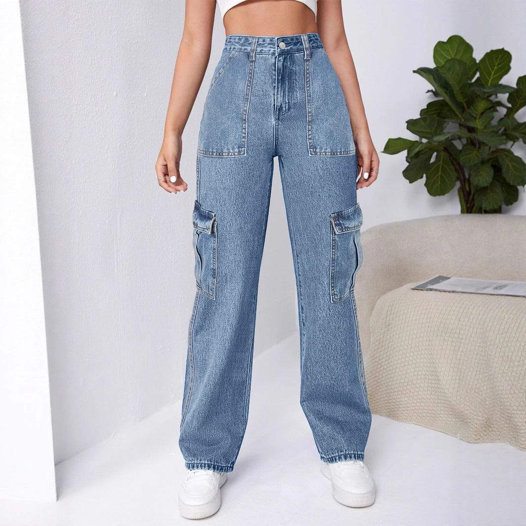 Women High-Waisted Cargo Wide Jeans with Patch Pockets and Elastic Hem Mune Fashion