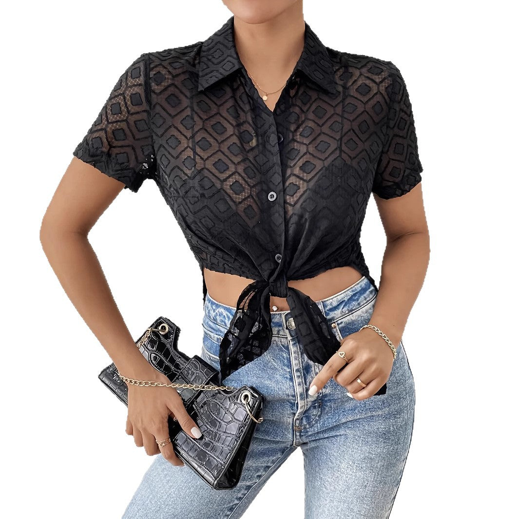 Women's tailored cropped blouse made of sheer mesh with a shirt collar and knot detail Mune Fashion