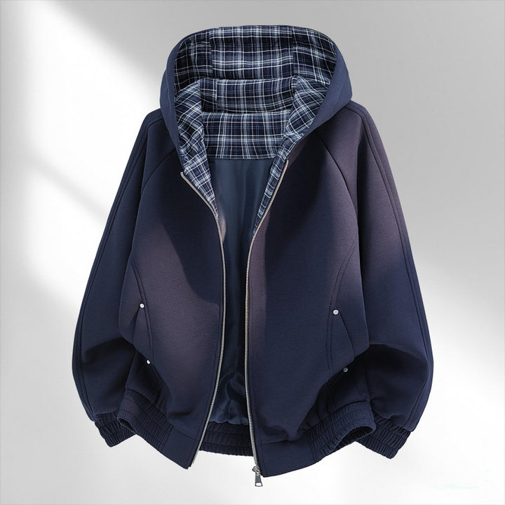 Women's casual sweat bomber with quilted check lining in hood and elastic hem Mune Fashion