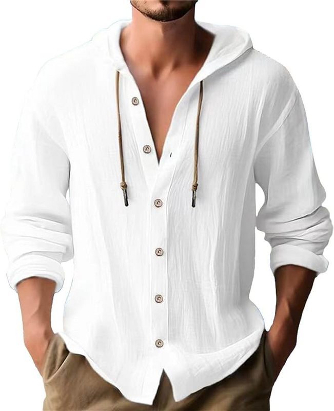 Men's crinkled short-sleeve hooded shirt made of cotton with button placket and drawstring Mune Fashion