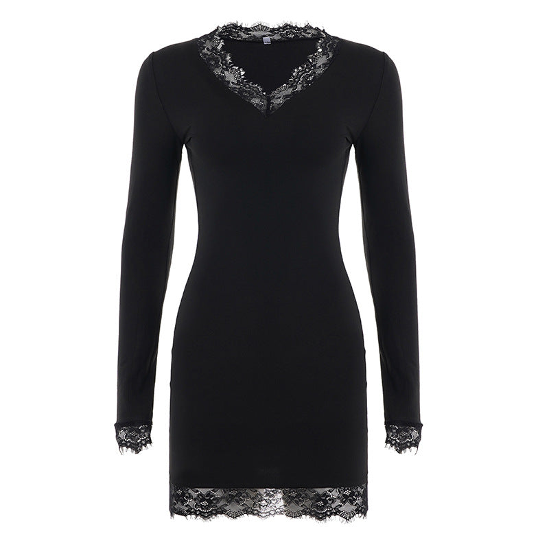 Women's form-fitting long sleeve midi dress with deep V-neck and floral lace trim Mune Fashion