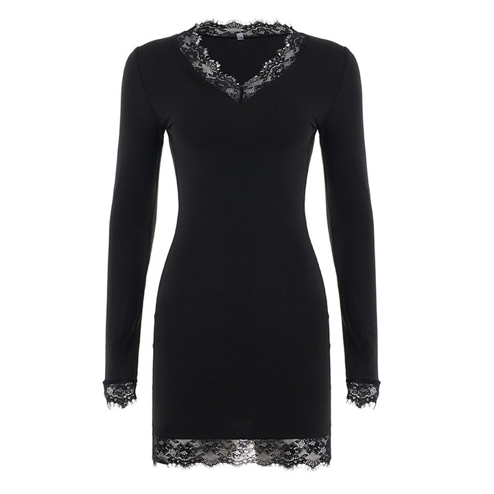 Women's form-fitting long sleeve midi dress with deep V-neck and floral lace trim Mune Fashion