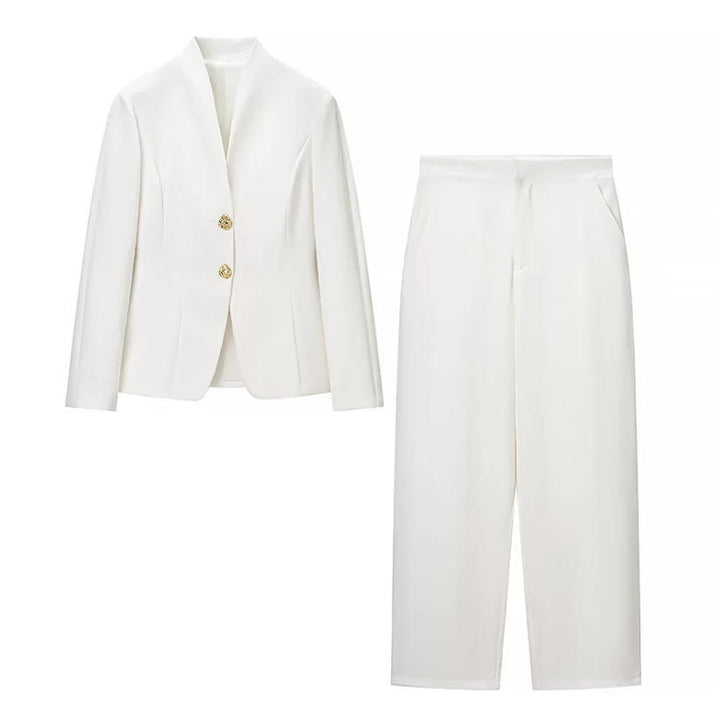 Ladies two-piece tailored blazer and high-waist trousers set with gold button detail Mune Fashion