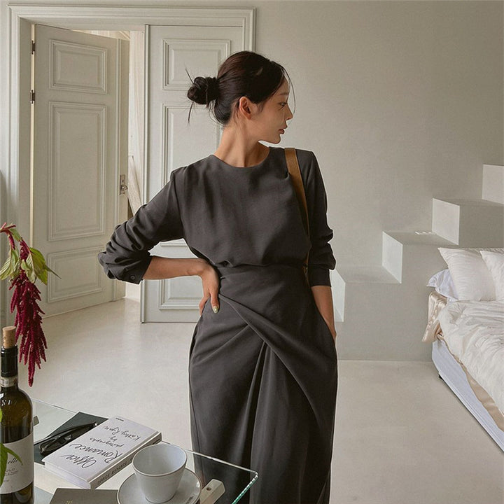 Women’s Modern Long Dress with Overlapping Waistline, Concealed Pockets, and Boxy Silhouette Mune Fashion