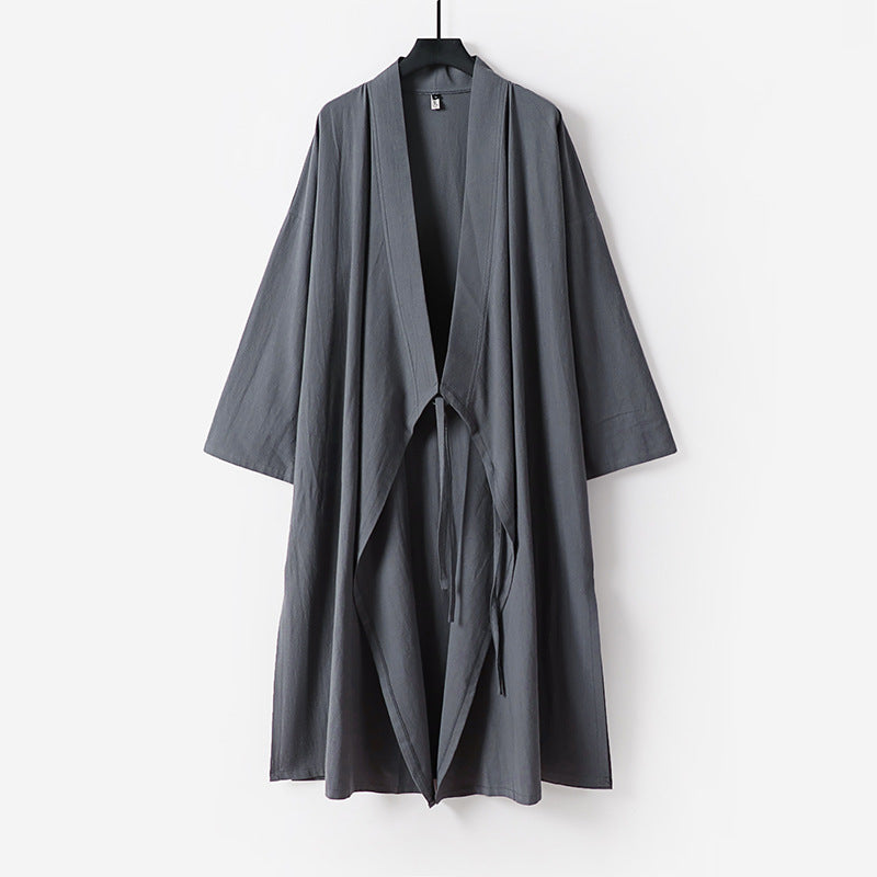 Unisex Longer Kimono Coat made of lightweight cotton blend with draped front and tie loop Mune Fashion