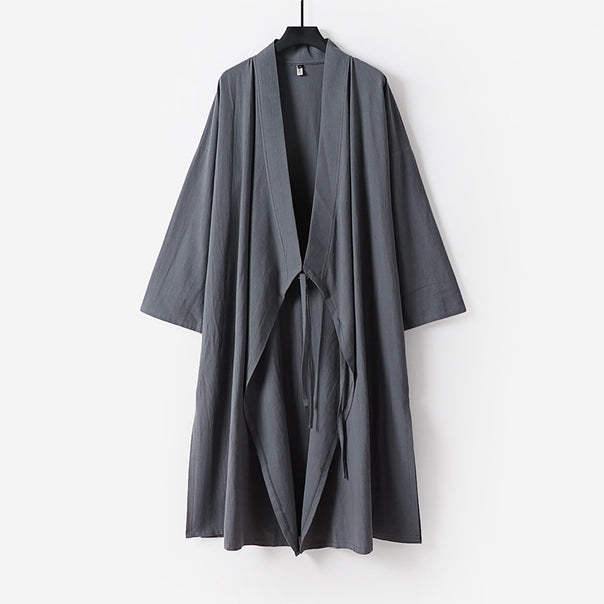 Unisex Longer Kimono Coat made of lightweight cotton blend with draped front and tie loop Mune Fashion
