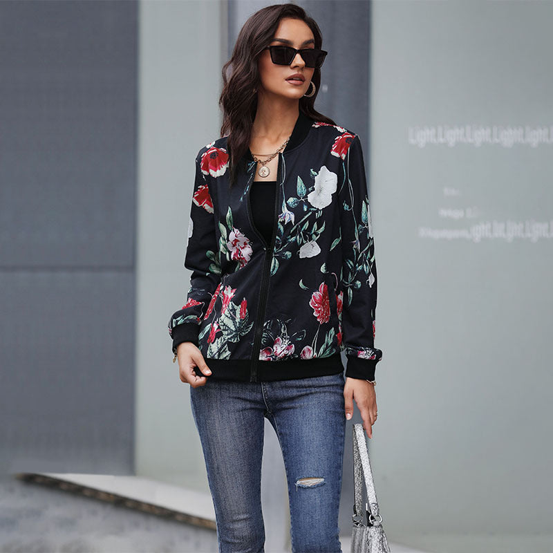 Women's floral bomber jacket with zipper, ribbed cuffs, and side pockets Mune Fashion