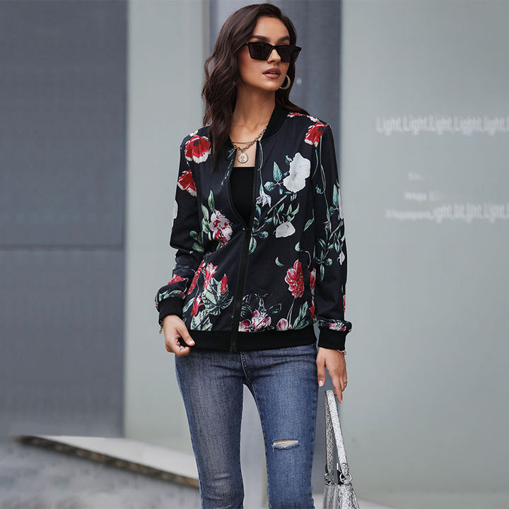 Women's floral bomber jacket with zipper, ribbed cuffs, and side pockets Mune Fashion