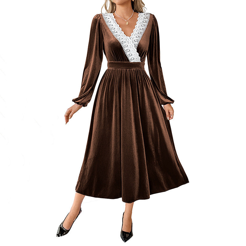 Ladies Elegant Velvet Dress with V-Neck, Lace Trim and Tailored Midi Length Mune Fashion