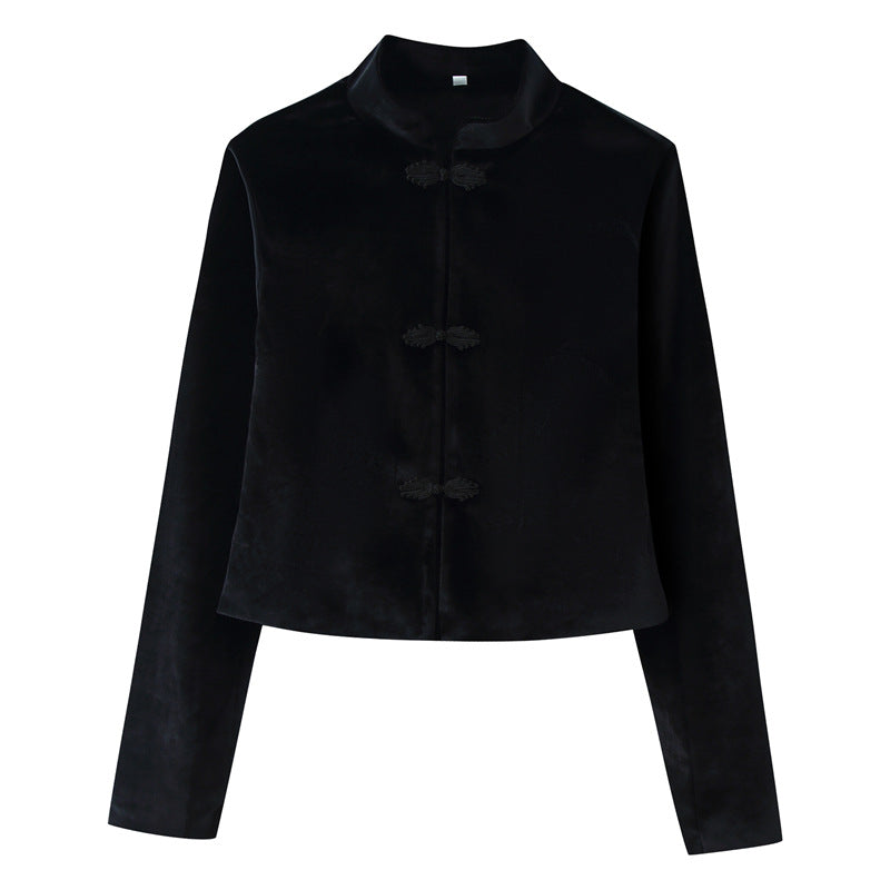 Women Cropped Tailored Jacket with Mandarin Collar and Decorative Toggle Closures Mune Fashion
