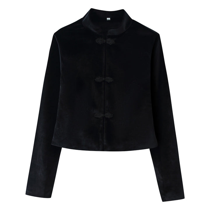 Women Cropped Tailored Jacket with Mandarin Collar and Decorative Toggle Closures Mune Fashion