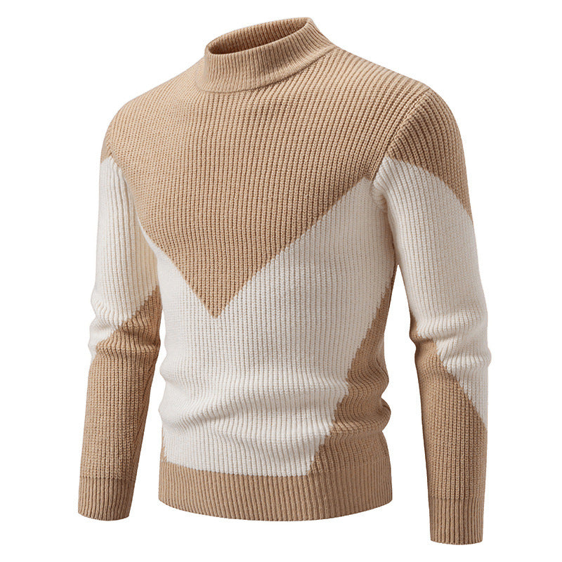 Men's fine ribbed knitted pullover with stand-up collar and contrast block design Mune Fashion