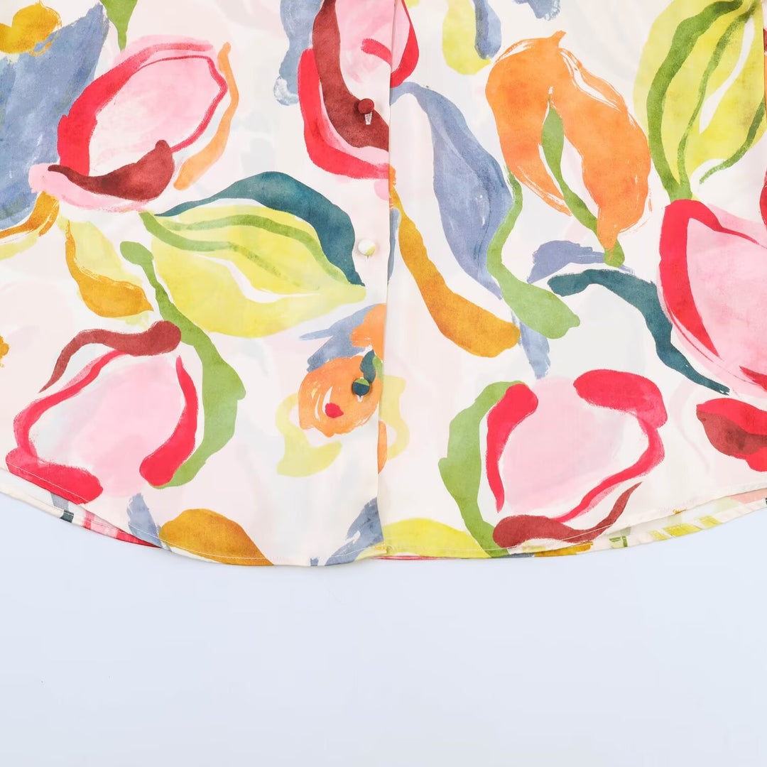 Women's Printed Oversized Blouse with Shirt Collar and Pearl Buttons Mune Fashion