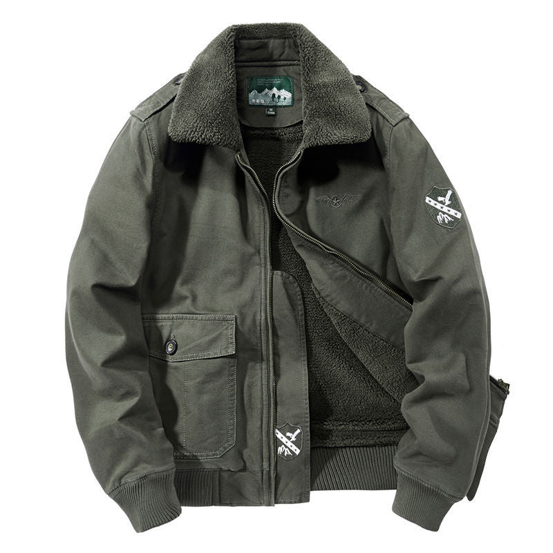 Men's bomber field jacket with continuous Sherpa lining, shoulder flaps, and concealed two-way zipper Mune Fashion