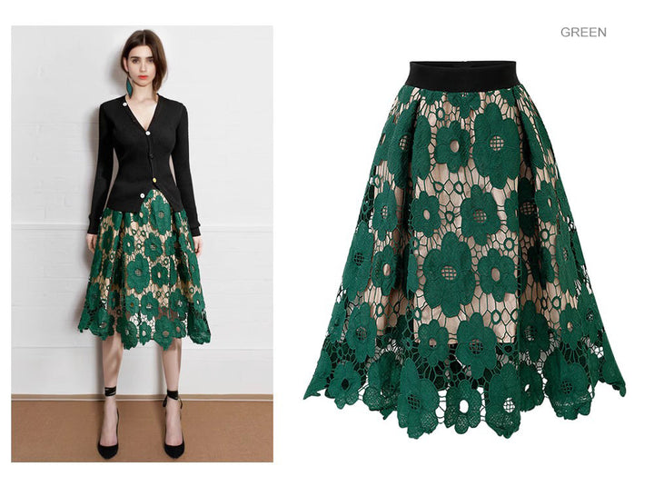 Women's A-line midi skirt made of floral lace appliqué with curved hem Mune Fashion