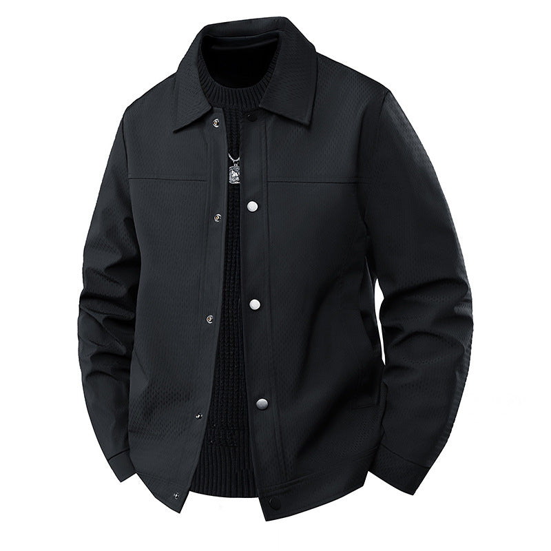 Men's Light Transitional Jacket in Worker Style with Microstructured Twill Look and Snap Button Placket Mune Fashion