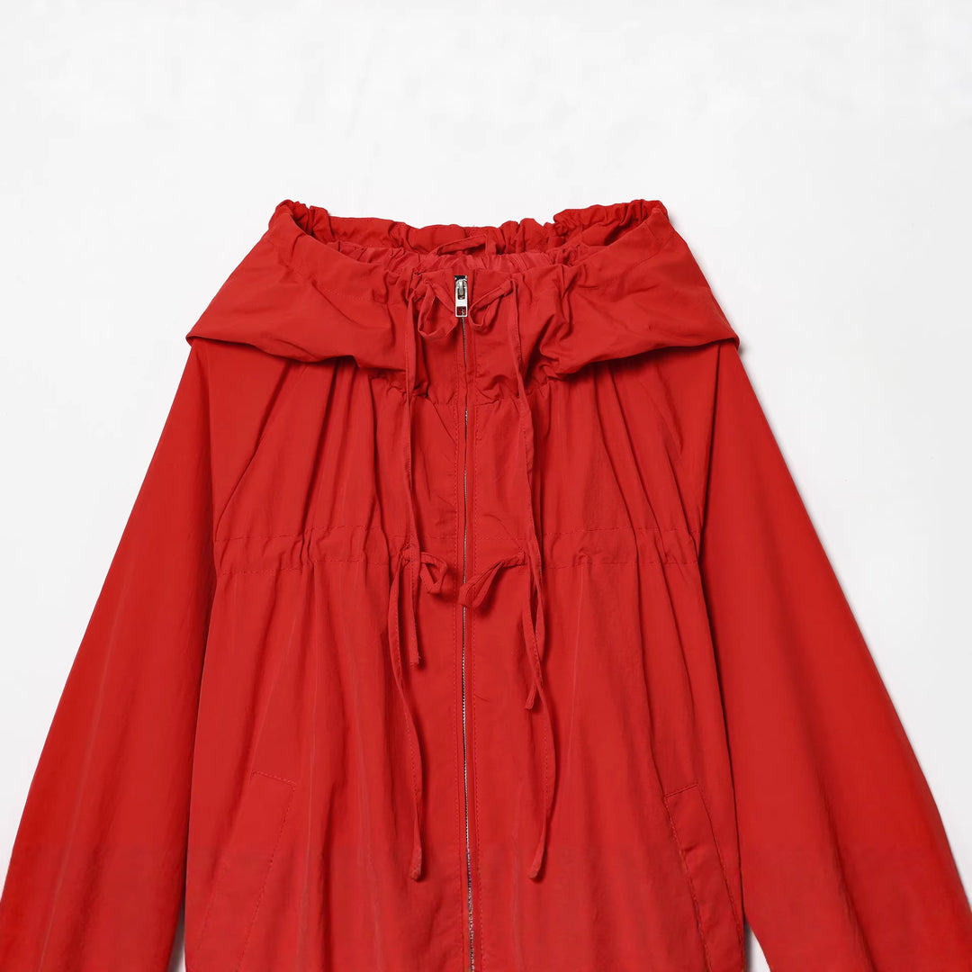 Women's short hooded windbreaker with drawstring, zipper, and elastic hem Mune Fashion