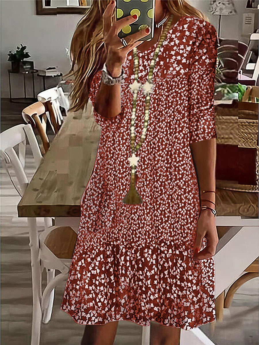 Women Casual Midi Dress with Ruffle Hem, Three-Quarter Sleeves and Floral Print Mune Fashion