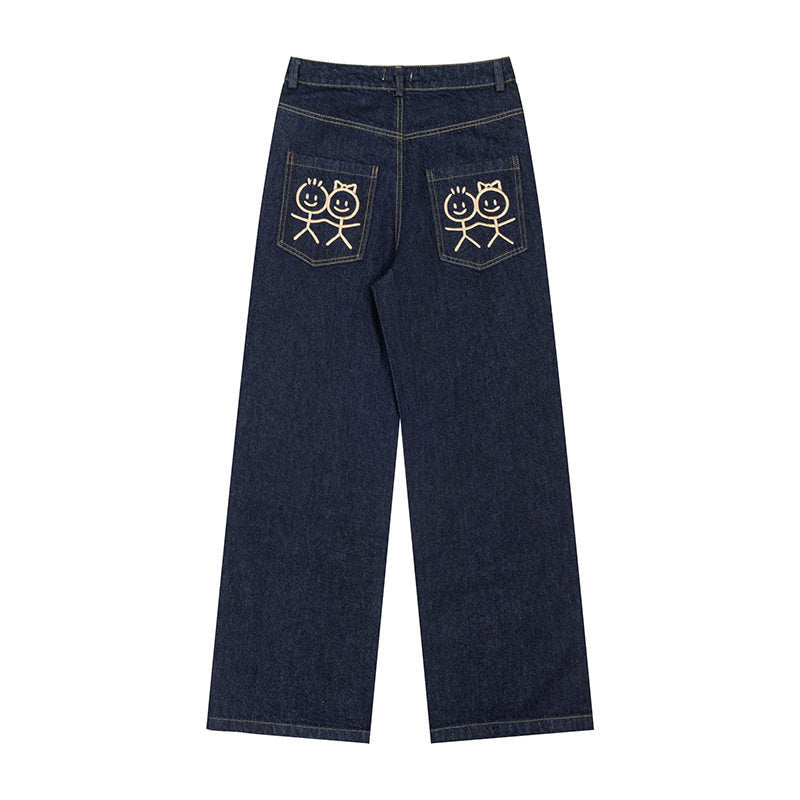 Women's wide high-waist jeans with straight, wide legs and embroidery on back pockets Mune Fashion