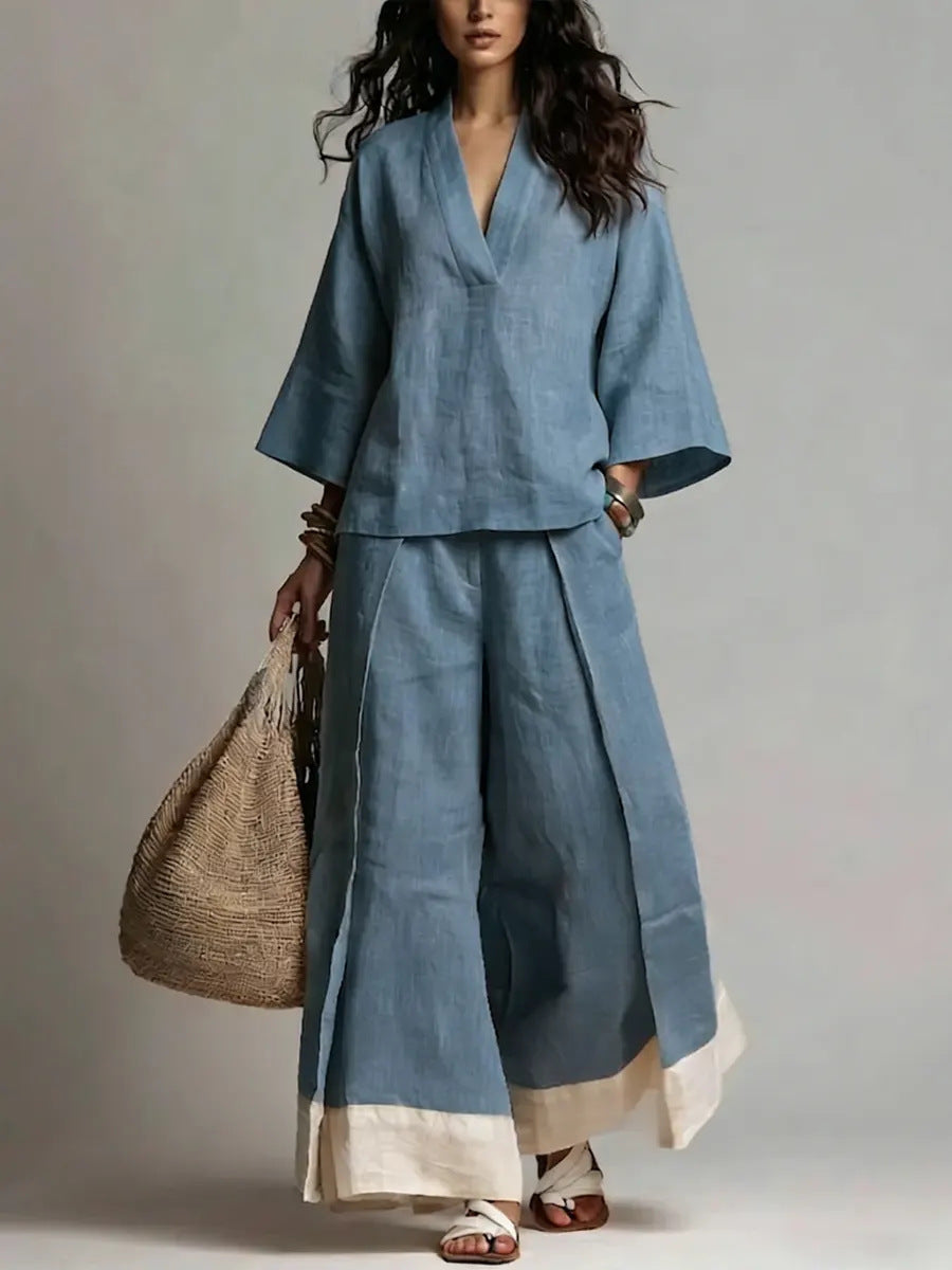 Women's linen two-piece set with wide palazzo pants V-neck and contrasting hem Mune Fashion