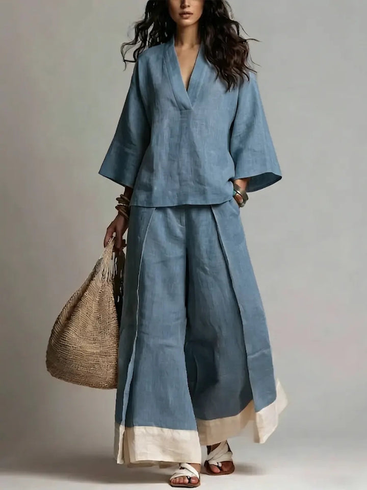 Women's linen two-piece set with wide palazzo pants V-neck and contrasting hem Mune Fashion