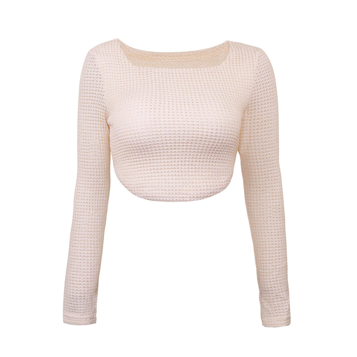 Women's Fitted Cropped Waffle Knit Top with Boat Neck Mune Fashion