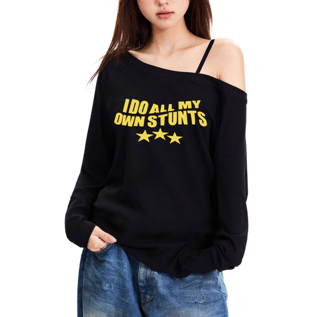 Women casual asymmetrical off-shoulder long sleeve shirt with eye-catching statement print and loose oversized fit Mune Fashion