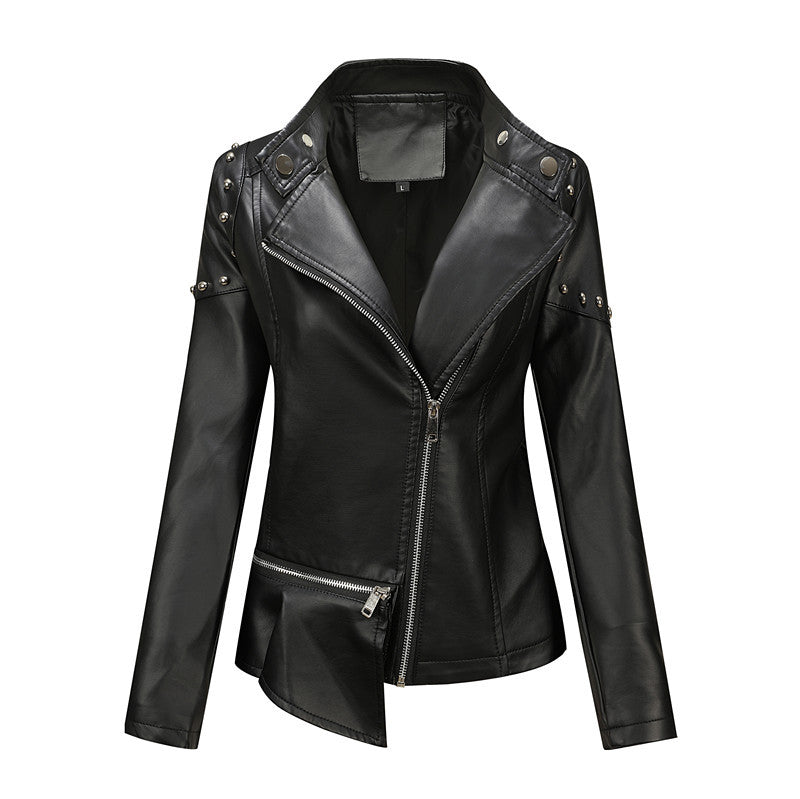 Women Asymmetrical Faux Leather Biker Jacket with Studs & Asymmetrical Zipper Mune Fashion