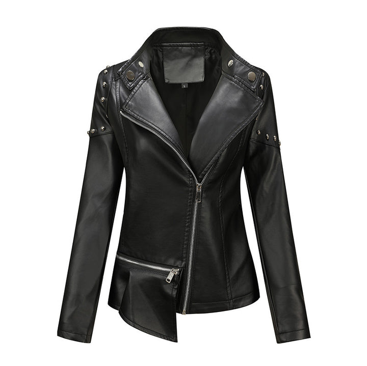 Women Asymmetrical Faux Leather Biker Jacket with Studs & Asymmetrical Zipper Mune Fashion