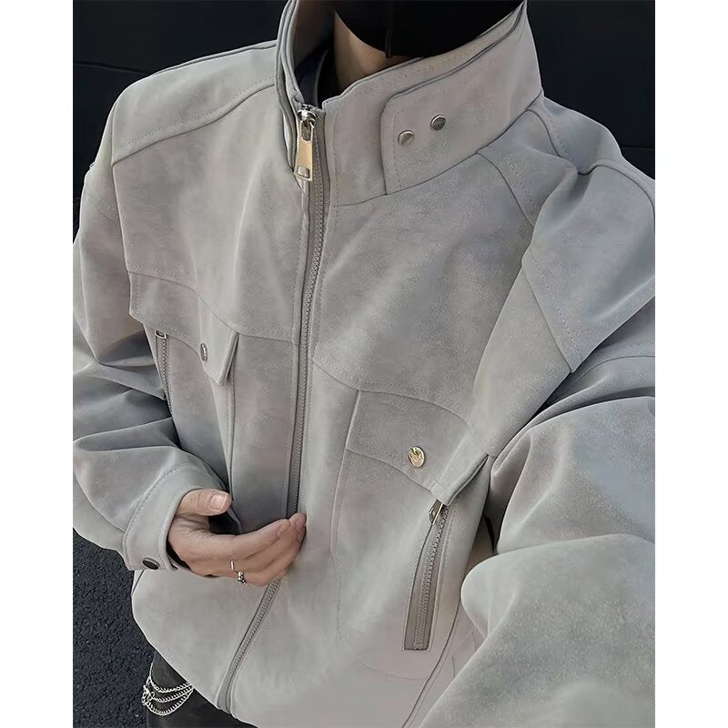 Men's Oversized Suede-Look Utility Jacket with High Stand Collar Mune Fashion