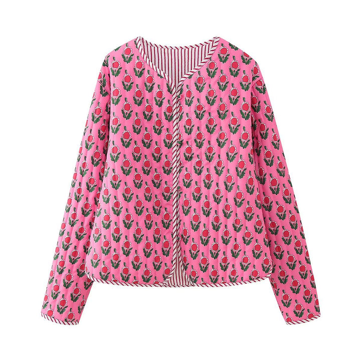 Women's Padded Quilted Blouse Jacket with Floral Allover Print and Contrast Piping Mune Fashion