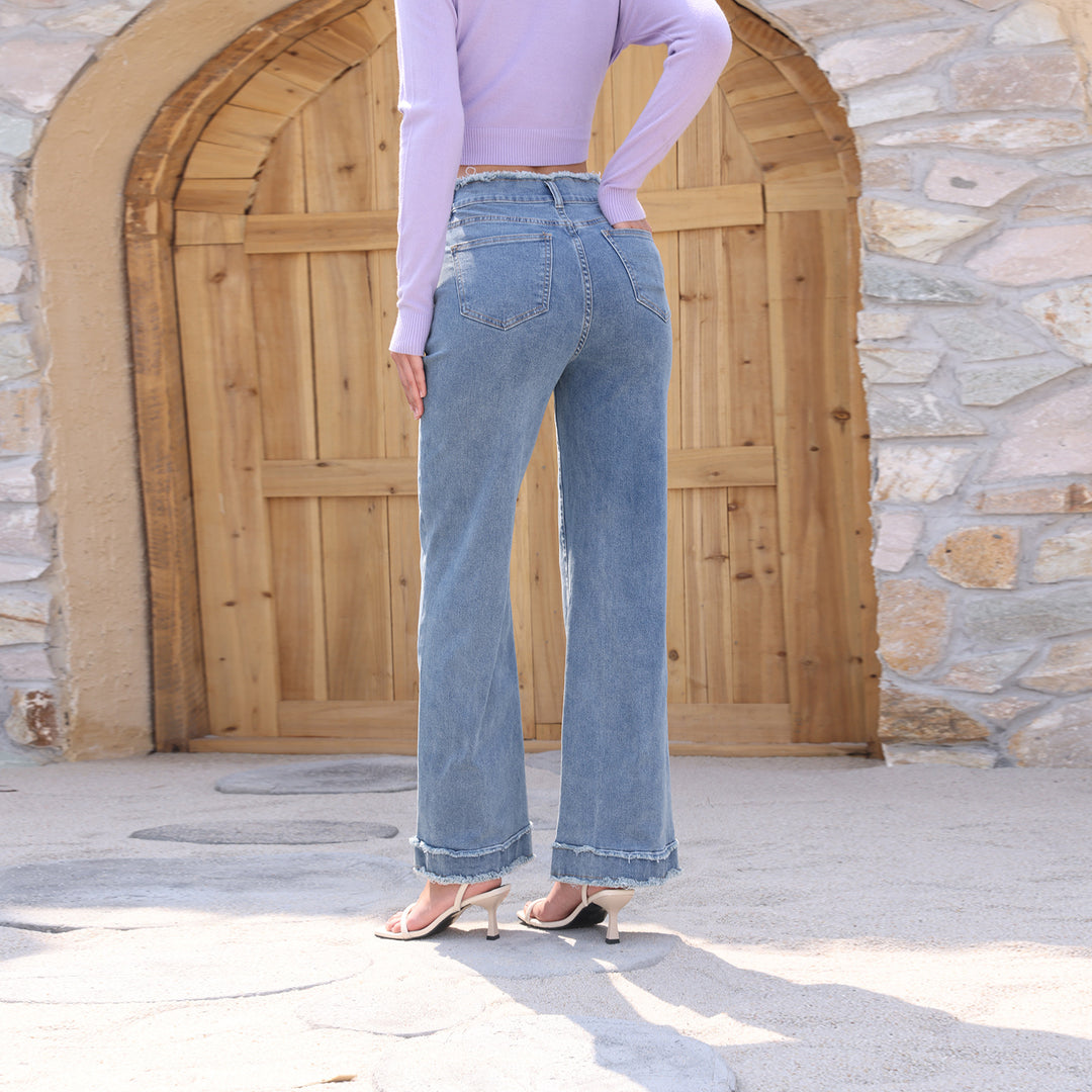 Women High-Waisted Denim Pants with Frayed Waist and Wide Leg Mune Fashion