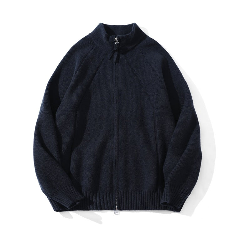 Unisex Coarse Knit Zip Cardigan with Stand-up Collar and Two-way Zipper Mune Fashion
