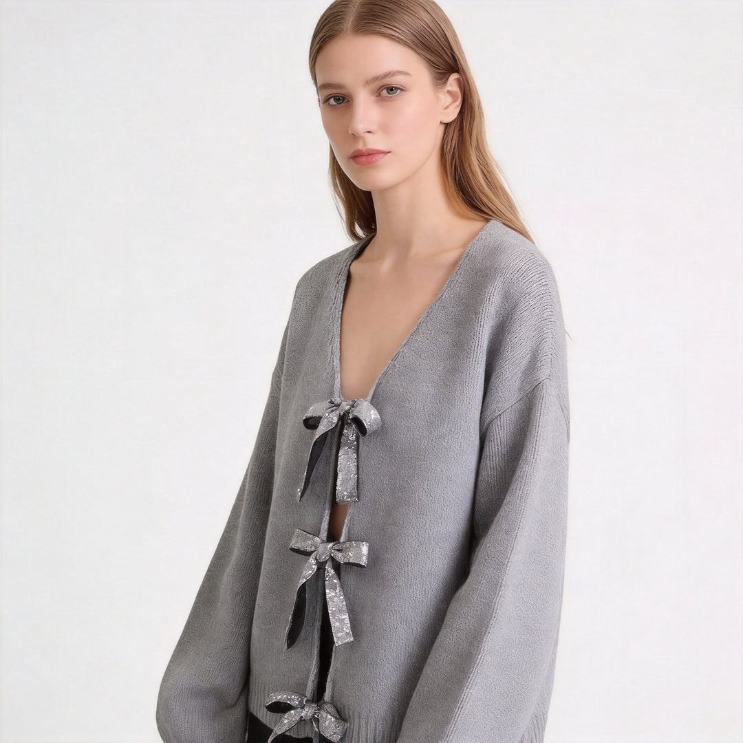 Women's Oversized Knit Cardigan with Deep V-Neck and Decorative Bows Mune Fashion