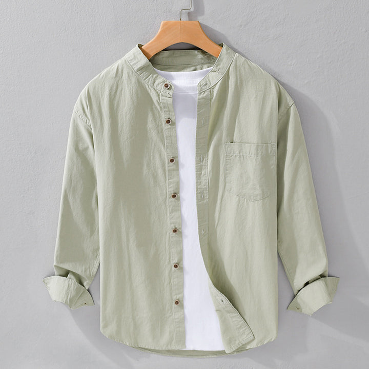 Men's shirt jacket in Mandarin style made of cotton twill, relaxed fit, with patch chest pocket and wooden buttons Mune Fashion