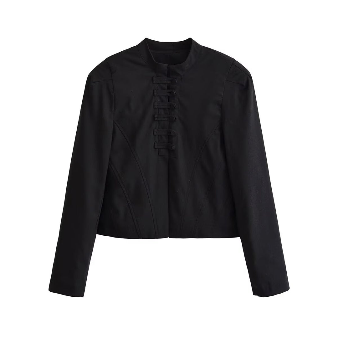 Women short fitted jacket with stand-up collar and decorative loop tape Mune Fashion