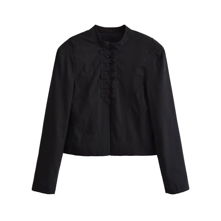 Women short fitted jacket with stand-up collar and decorative loop tape Mune Fashion
