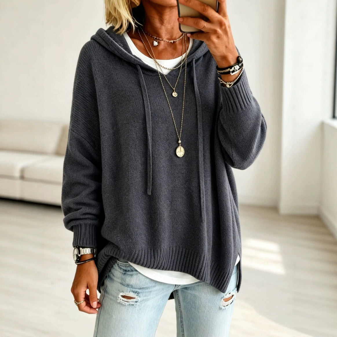 Women Oversize Hoodie Sweater made of fine knit with ribbed cuffs Mune Fashion