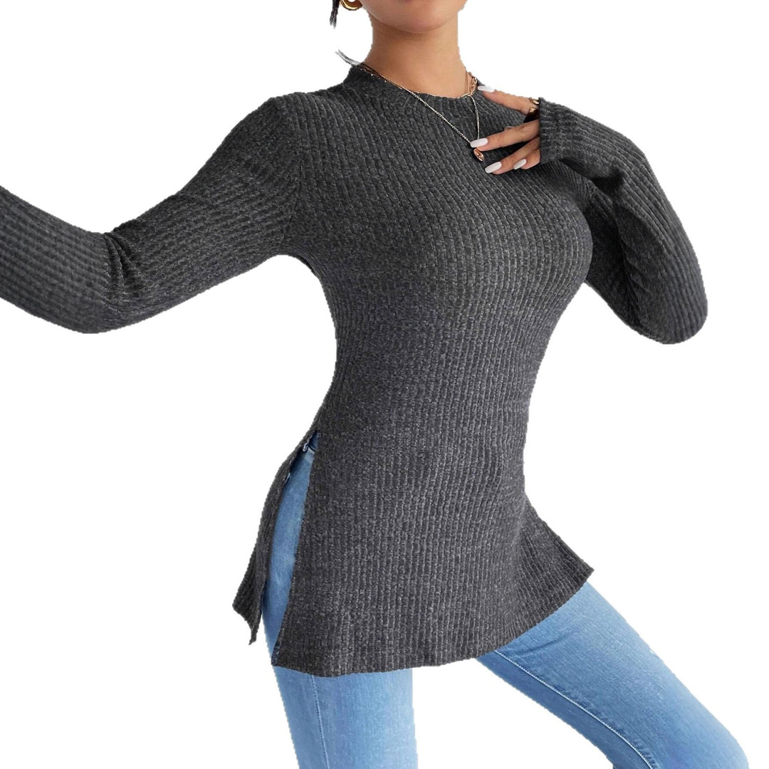 Women Ribbed Long Sleeve Shirt with Side Slit and Fitted Cut Mune Fashion