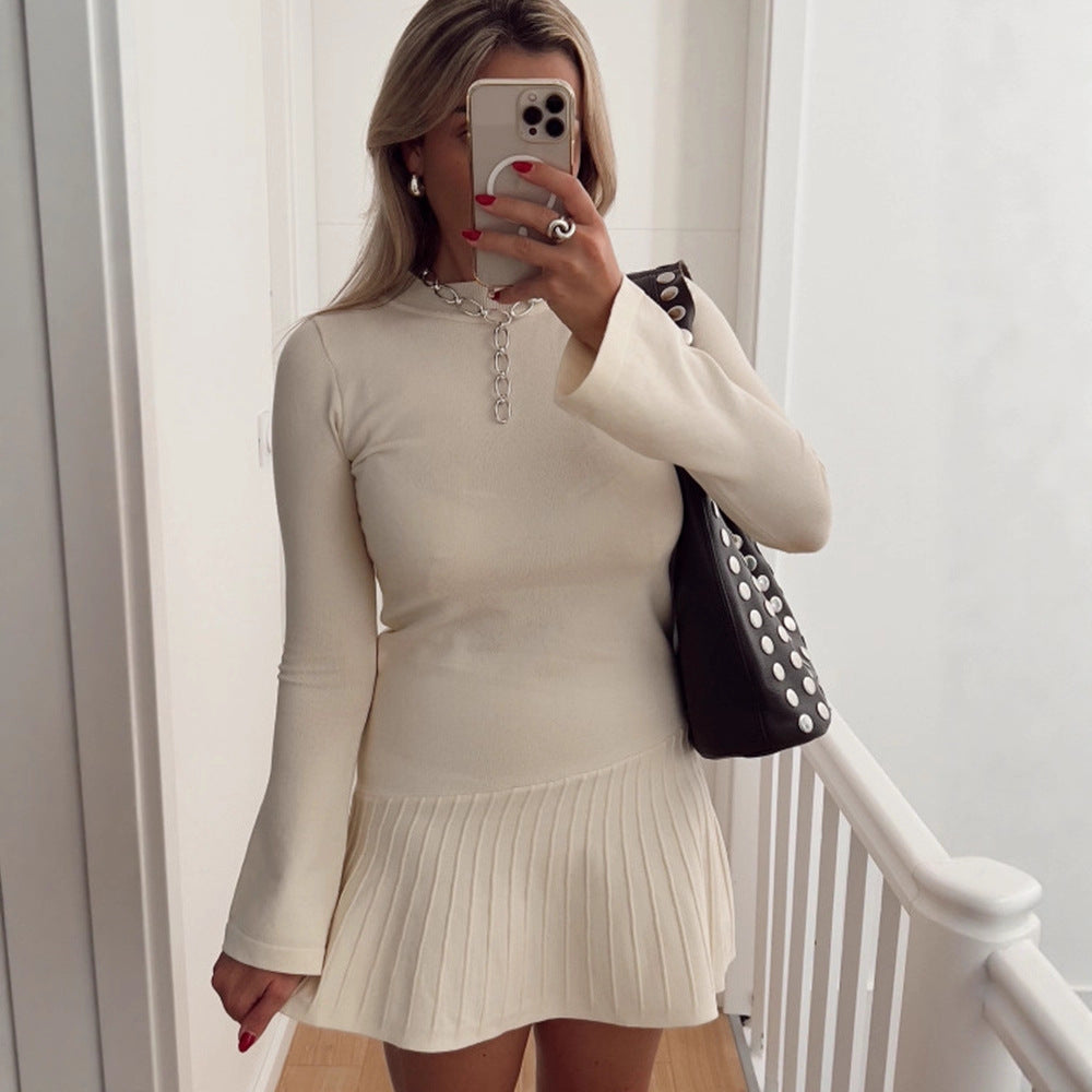 Women's Tailored Fine Knit Mini Dress with Pleated Skirt and Flared Sleeves Mune Fashion