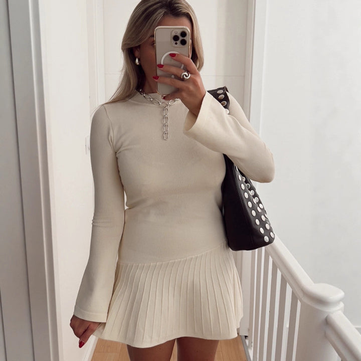 Women's Tailored Fine Knit Mini Dress with Pleated Skirt and Flared Sleeves Mune Fashion