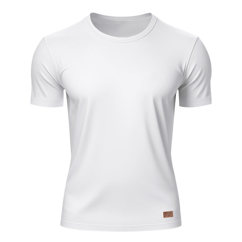 Men's slim round neck T-shirt made of smooth stretch jersey with subtle leather logo application Mune Fashion