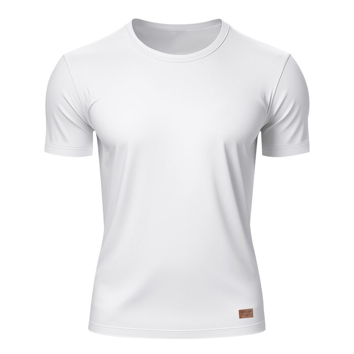Men's slim round neck T-shirt made of smooth stretch jersey with subtle leather logo application Mune Fashion