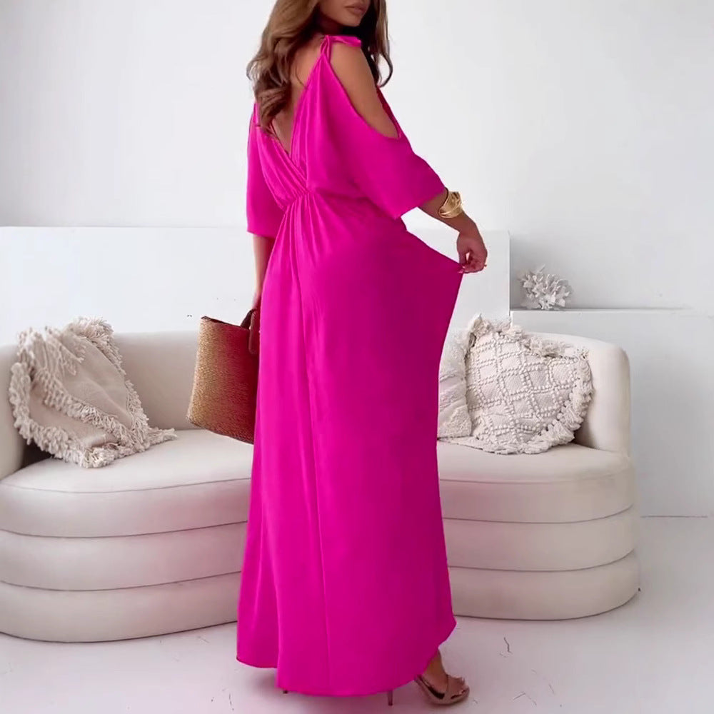 Women nan flowing maxi dress with V drape, off-shoulder strap band, elastic waist yoke and high skirt slit Mune Fashion
