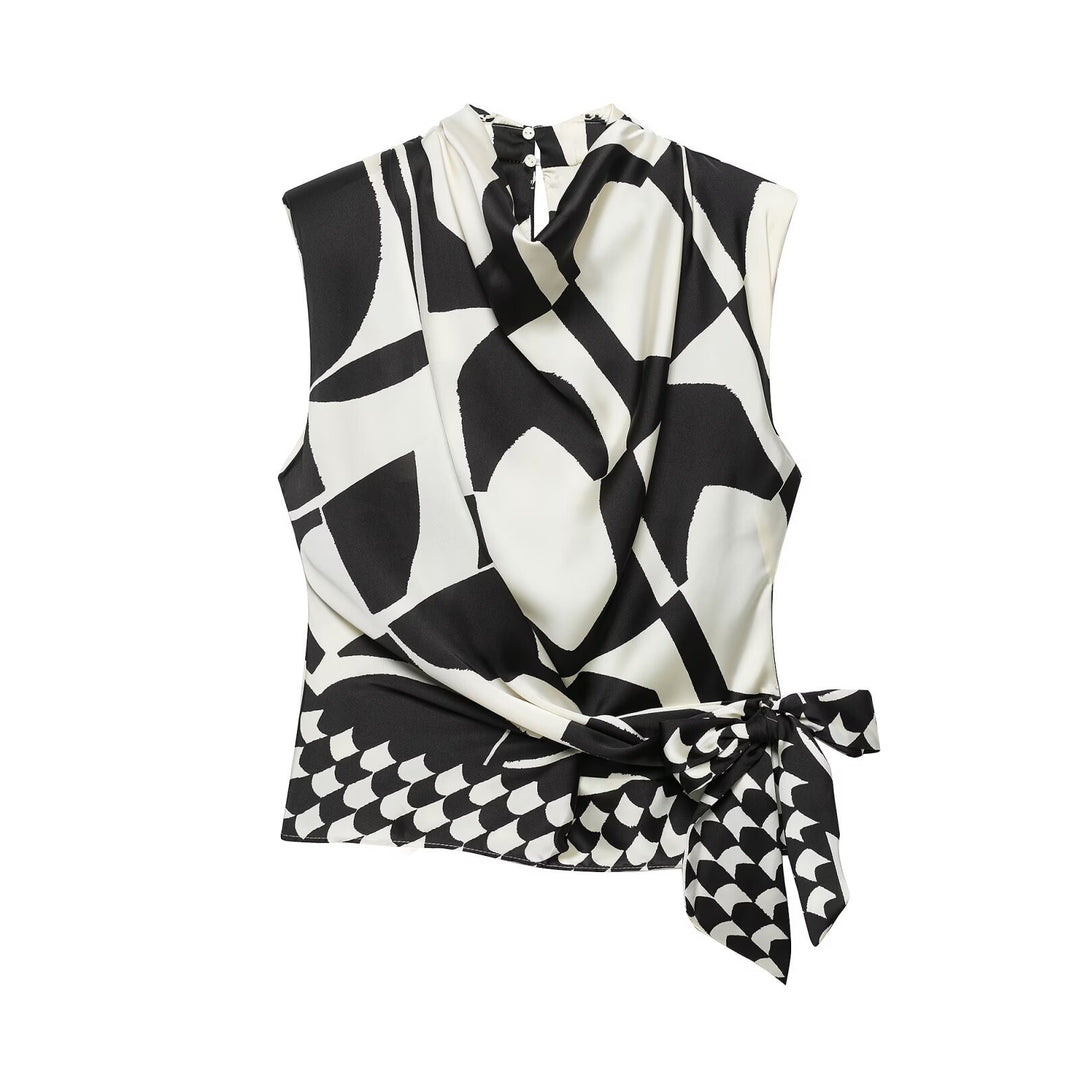 Women's Wide Palazzo Trousers with High Waist, Front Pleat and Graphic Block Print Drune